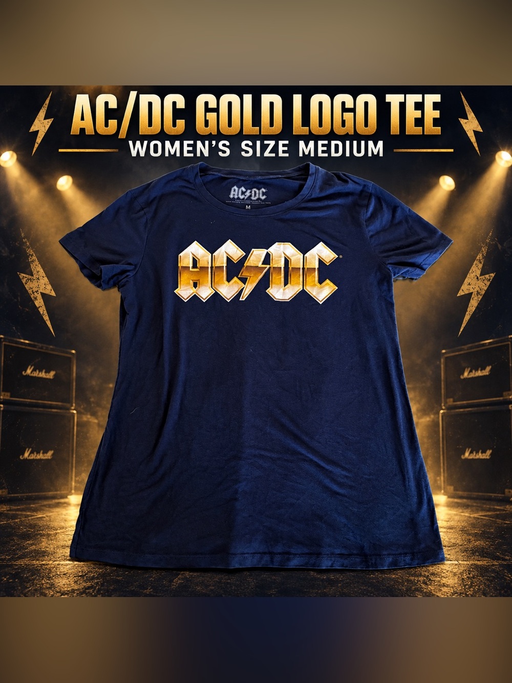 #0337 AC/DC Gold Logo Women’s Navy Graphic T-Shirt Size Medium